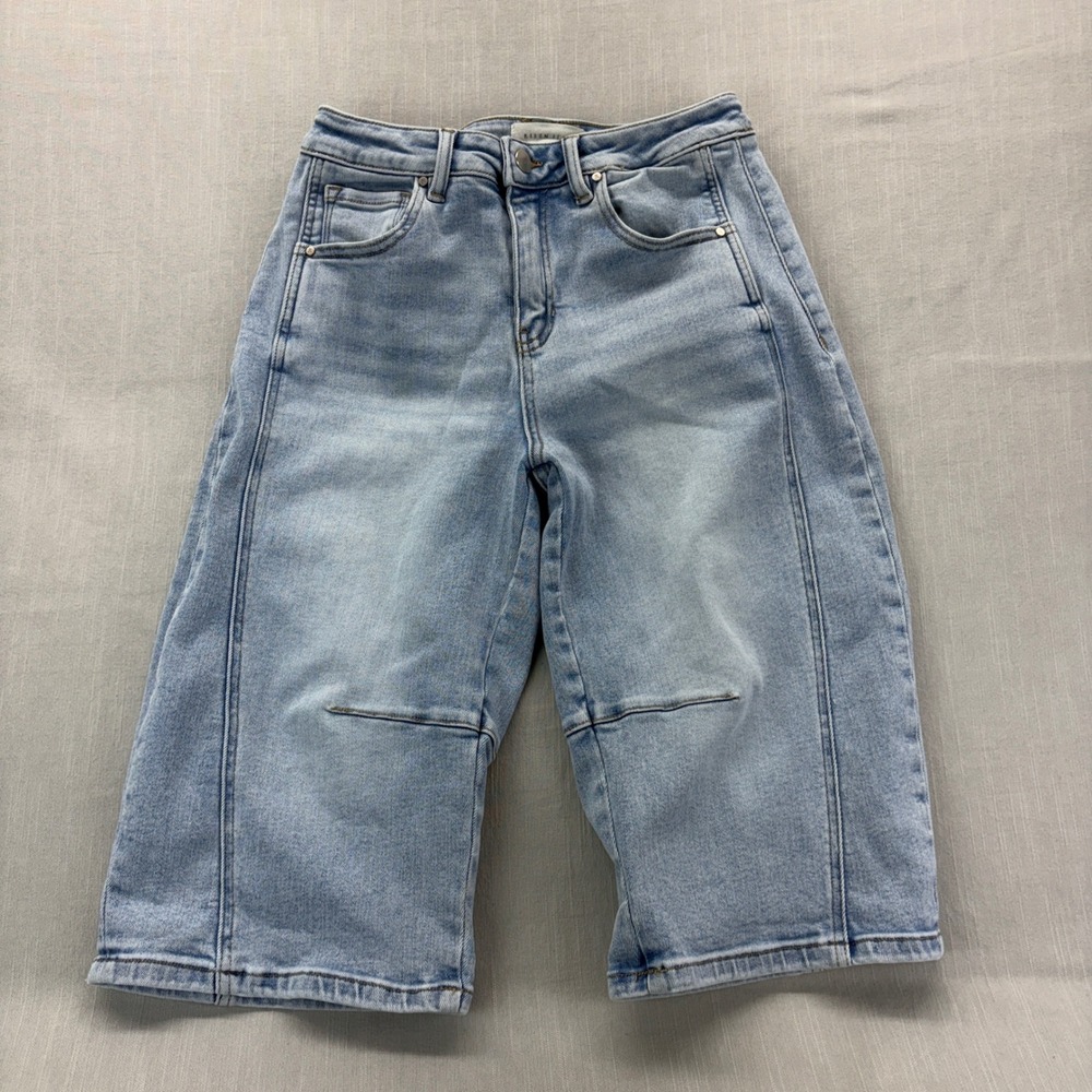 Risen Jeans Denim Shorts Womens 5/27 Wide Leg High Rise Light Wash Blue Seam